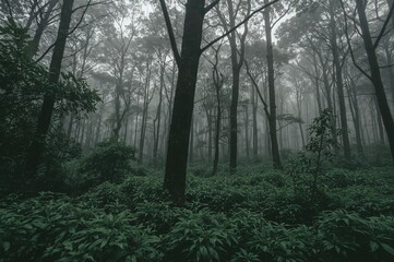 Obraz premium Foggy forest with wet plants and trees creating a captivating scene at a scenic tourist spot