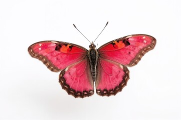Obraz premium Elegant red to pink butterfly with outstretched wings casting a gentle shadow on a white backdrop