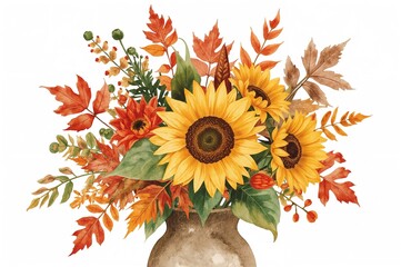 Watercolor painting of a sunflower bouquet for autumn harvest. Floral arrangement celebrating the fall season. Botanical garden theme. Suitable for invitations, greeting cards, posters, prints, and