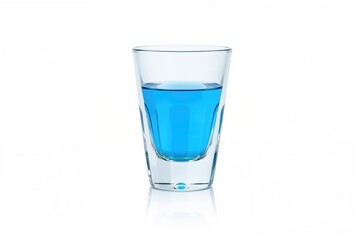 Transparent glass with a blue-tinted shot reflected in a mirror against a white backdrop