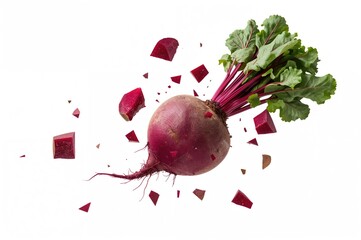 Flying beetroot surrounded by beetroot slices and a green leaf on a white backdrop