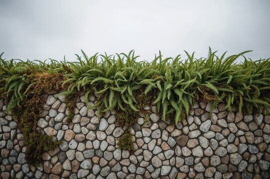 Lush fern moss growing vigorously on pebble wash granolithic tiles beneath a cloudy sky