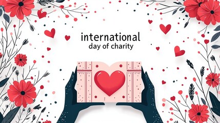 International Day of Charity flat illustration: hands holding open gift box with heart paper, flowers and hearts background, white theme with International Charity Day Business Illustration.