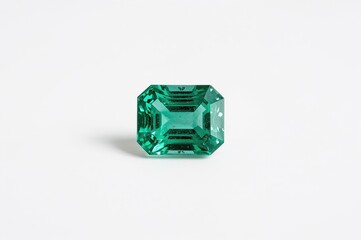 Close-up view of a natural emerald gemstone on a white surface