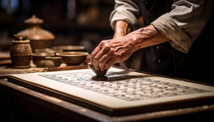 Aged Hands Stamping Traditional Artwork
