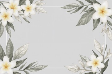 Bright grey funeral invitation card design with Plumeria flowers and leaves for memorial events