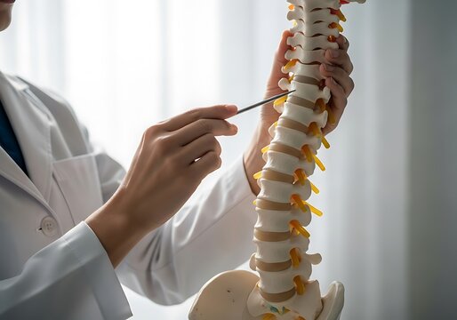 Doctor Examining a Spine Model, Healthcare Education, Anatomy.