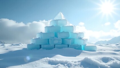 A pyramid of ice blocks in the middle of a snowy field.