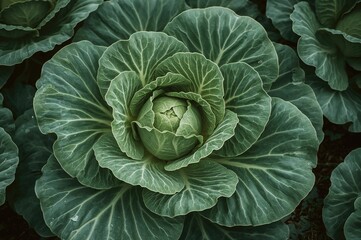 Fototapeta premium Lush broad cabbage foliage growing outdoors
