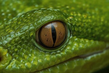 Fototapeta premium Close-up of a fierce reptile in its natural habitat, showcasing vibrant green scales and sharp eyes.