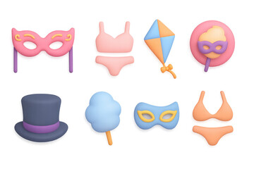 Colorful 3d carnival icons set with masks and costumes