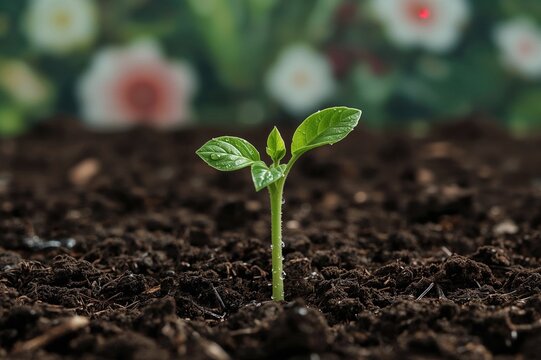 Young green pepper sprout with compost and water in a natural garden setting