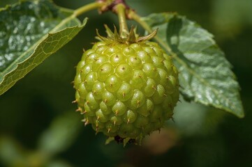Close-up of vibrant green mulberry berries on the branch