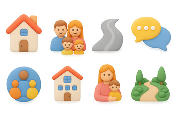 Obraz na płótnie Canvas Colorful 3d family and home icons with pastel tones