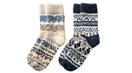 Pair of Wool Socks with Knitted Patterns on Transparent Background