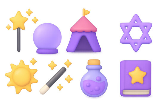 Whimsical magic icons featuring wands, stars, and potion bottles in 3d