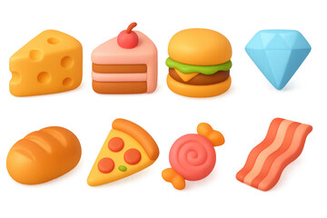 Colorful 3d icons of food and objects for modern graphic design