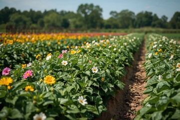 Fototapeta premium Fresh green agricultural produce with flowers and fruits in a garden setting