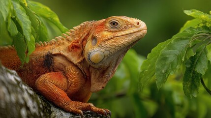 Fototapeta premium Orange iguana resting on a branch, surrounded by vivid green leaves. Perfect for educational content, nature documentaries, and reptile themed designs.