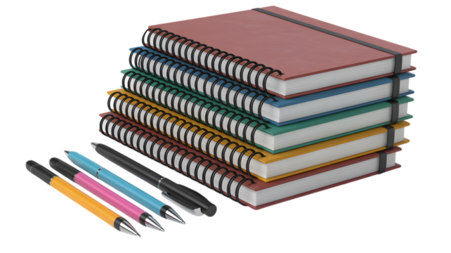 Stack of notebooks and colorful pens for writing and organization png