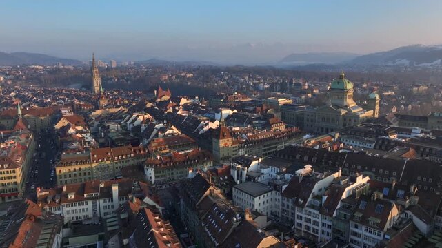 Bern Old Town, The Capital of Switzerland from above in Evening Sunset Light at Winter. Aerial Drone shot.