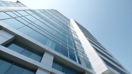 Upward view of modern glass office tower with reflective facade, sleek metal accents and clear sky background with space for branding