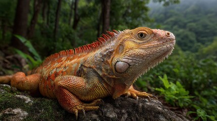 Obraz premium Orange iguana resting on a mossy rock in the jungle. Ideal for wildlife documentaries or exotic pet articles.