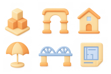3d cartoon style architecture icons set: buildings, structures, and elements for design projects