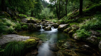 Obraz premium Peaceful, long-exposure photograph of a clear stream flowing gently over smooth, moss-covered rocks in a vibrant green, sun-dappled and enchanting forest.