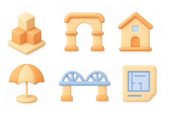 3d cartoon style architecture icons set: buildings, structures, and elements for design projects - Powered by Adobe