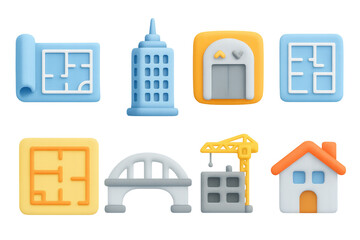 Colorful 3d construction and architecture icons set for design projects