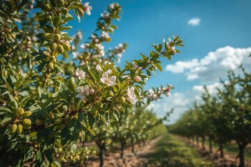 Fresh green almonds hanging on branches in a vibrant orchard under a clear sunny sky