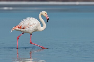 Obraz premium Wading white bird exploring shallow waters during low tide in winter