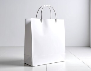Blank White Shopping Bag on White Floor, Minimalist Design.