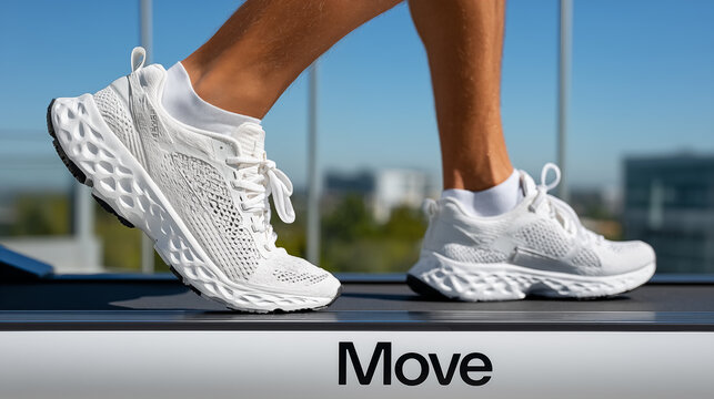 Close-up of a man's legs in white sneakers standing on a treadmill on the background of the city - Powered by Adobe