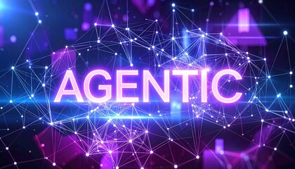 Purple neural AI web with glowing "AGENTIC Ai" text, futuristic digital matrix background with floating shapes, symbolizing intelligence, mystery, and autonomous systems.