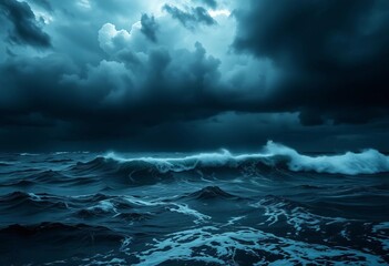 Obraz premium Dark, churning ocean under a furious, stormy sky Heavy, ominous clouds loom, waves crash, danger, storm clouds