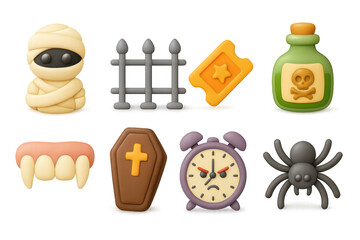 Colorful 3d halloween emojis: mummy, spider, and more festive icons