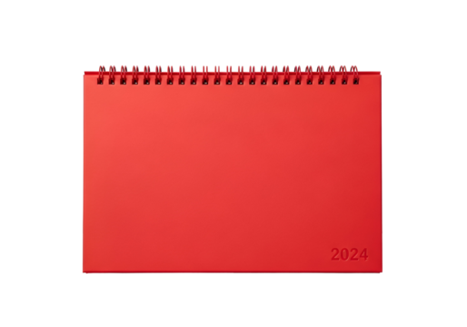 A vibrant red 2024 calendar lies flat against a black background, showcasing a clean and modern design.