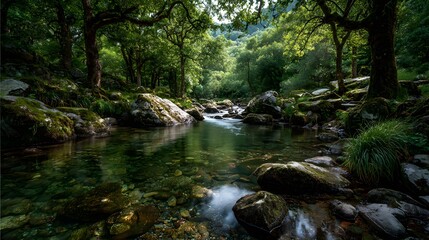 Fototapeta premium Peaceful, long-exposure photograph of a clear stream flowing gently over smooth, moss-covered rocks in a vibrant green, sun-dappled and enchanting forest.