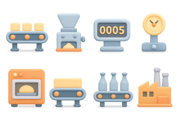 Colorful cartoon 3d factory icons set: baking, production, timekeeping, counting