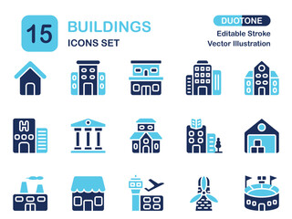 Buildings icon set. Collection of skyscrapers, houses, apartments, schools and more. Solid vector illustration.