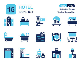Hotel icon set. Collection of exteriors, room interiors, reception desks, luggage, key cards and more. Solid vector illustration.