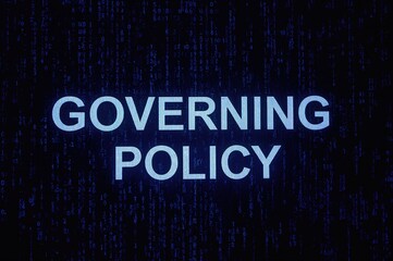 Computer screen showing policy text with binary code at a slight tilt and a retro style effect