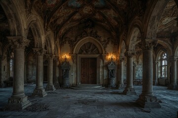 Fototapeta premium Corridor in Gothic design featuring an entrance in a deserted old mansion