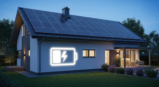 A modern house with solar panels on the roof, symbolizing renewable energy and sustainable living at night time - Powered by Adobe