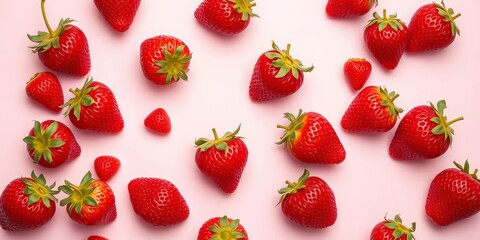 Luscious red strawberries scattered on a soft pink background, sweet fruit, vitamin c