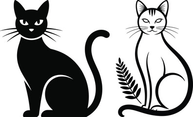Two stylized cats one black and one white with a plant branch