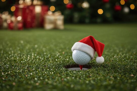 A tiny Santa hat resting on a golf ball close to the hole on the putting green