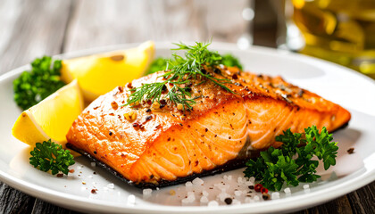 Fresh salmon fillet styled with herbs and lemon slices, gourmet food styling close-up. Perfect for healthy eating, fine dining, and culinary photography concepts.